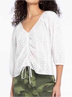SANCTUARY OFF-WHITE EYELET 3/4 PUFF SLEEVE CINCH FRONT V-NECK BLOUSE SZ XL